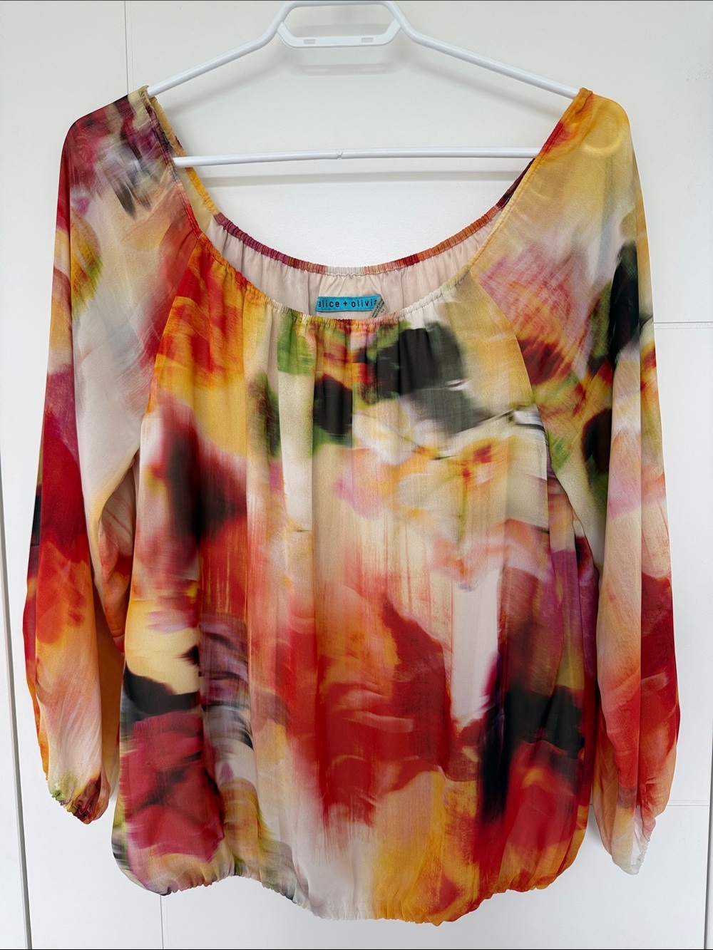 Alice + Olivia Multicolor Sheer Floral-Print Blouse - Red, Yellow, Black